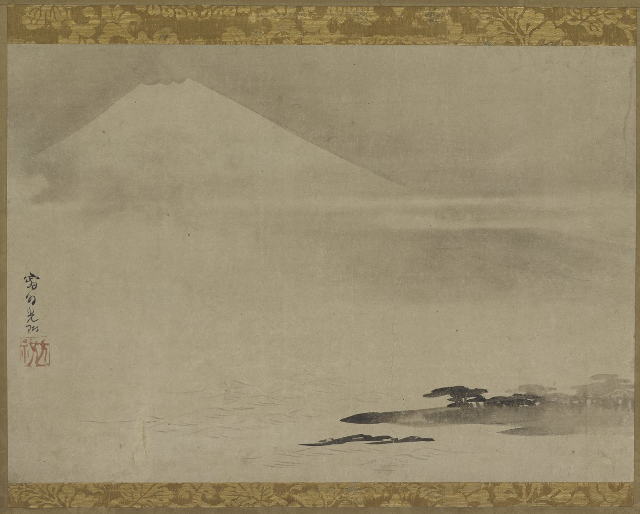 Manzara: Denizden Fuji Dağı, Asılı parşömen (panel üzerine monte edilmiş), 17. yüzyılın sonu ile 18. yüzyılın başları (kağıt üzerine mürekkep) by Ogata Korin