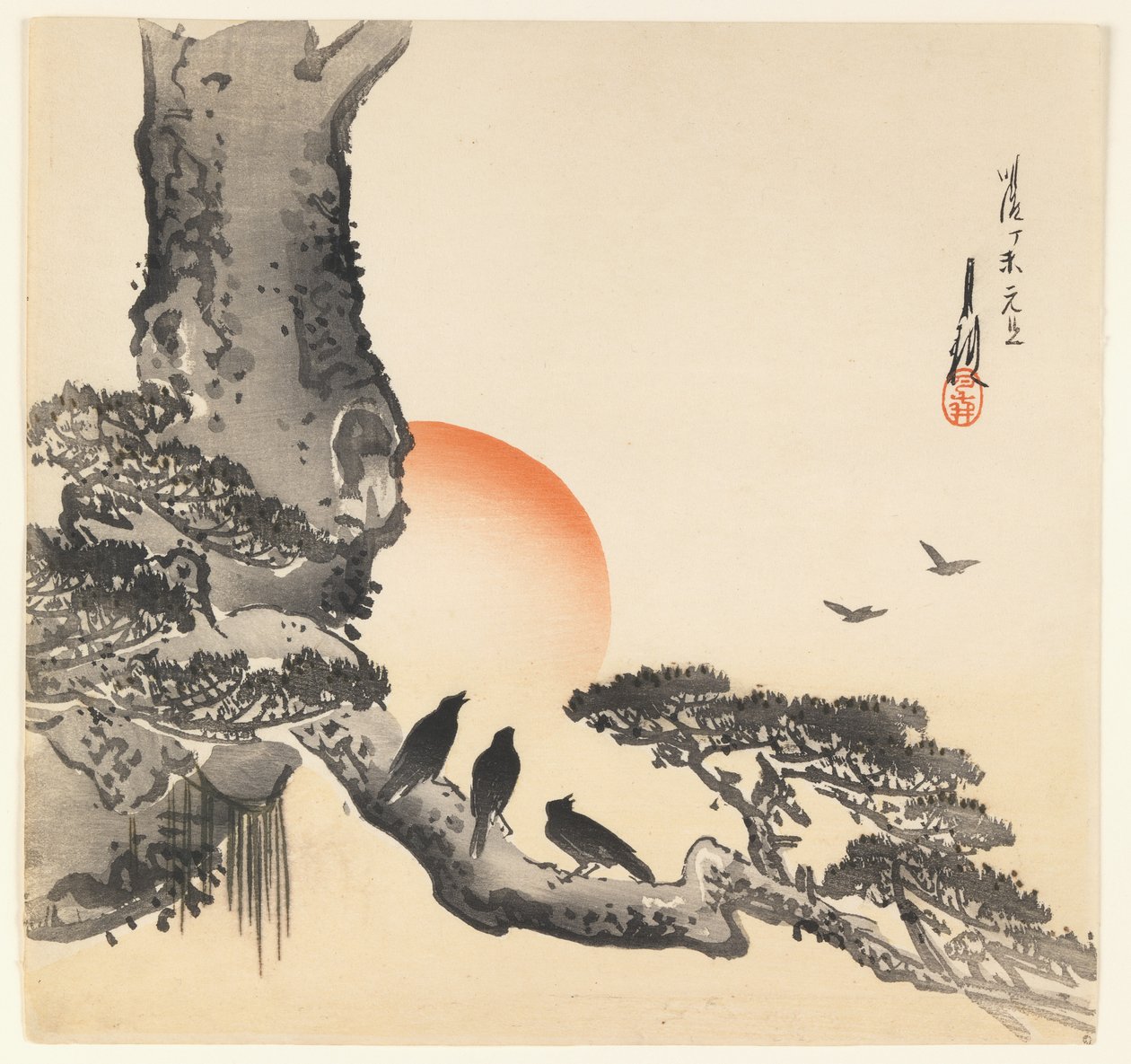 Ağaç Gövdesindeki Kargalar, Meiji Dönemi, c.1890-1910 (renkli tahta baskı) by Ogata Gekko