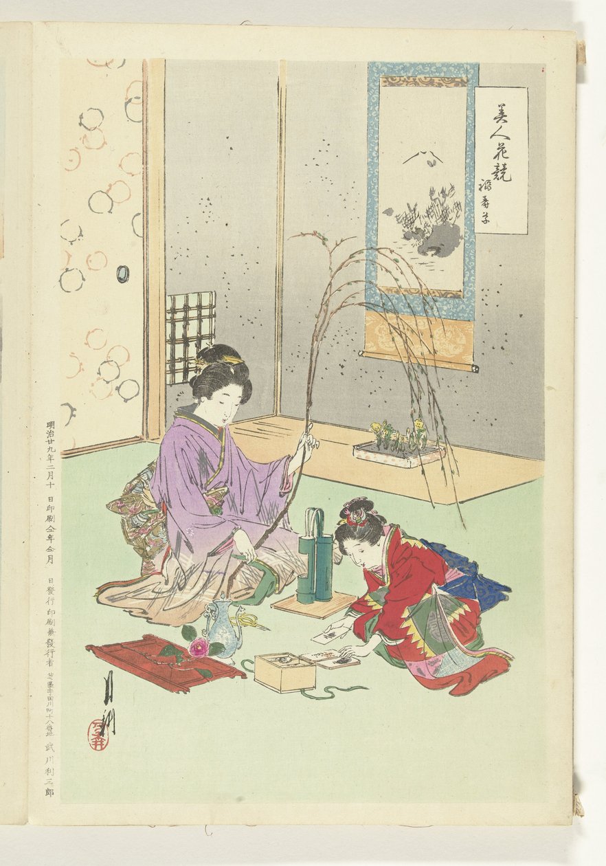 Güzellikler ve Çiçekler Arasındaki Karşılaştırmalar Bijin hana kurabe (nesne üzerindeki başlık) by Ogata Gekko