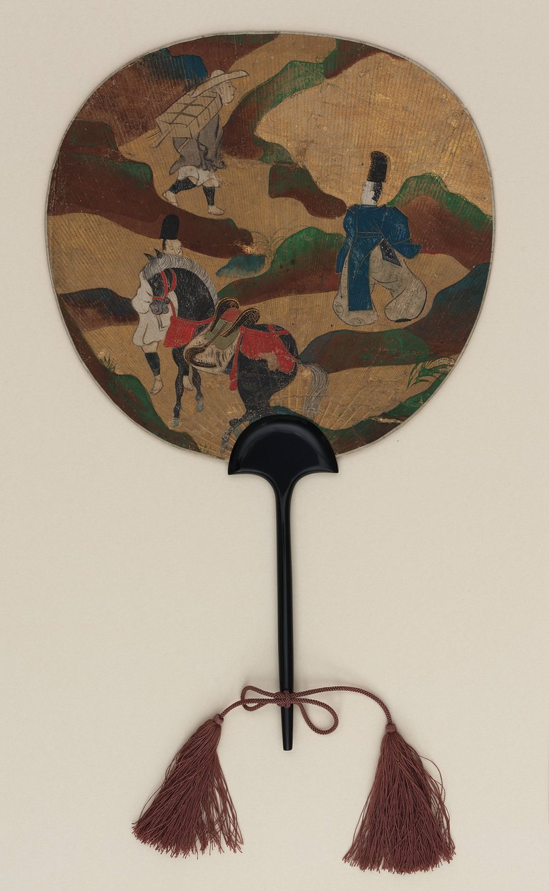 Fan; bir yanda Narihira ve hacı; diğer yanda, krizantemler ve bir dere, Edo dönemi, 17. yüzyıl sonu - 18. yüzyıl başı (kağıt üzerinde mürekkep, renk ve altın) by Ogata Korin