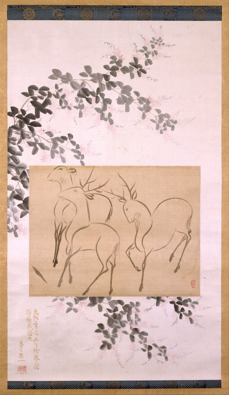 Asma Parşömen Üzerine Monte Edilmiş Üç Geyiğin Ön Çizimi..., 19. yüzyıl tablosu. by Ogata Korin