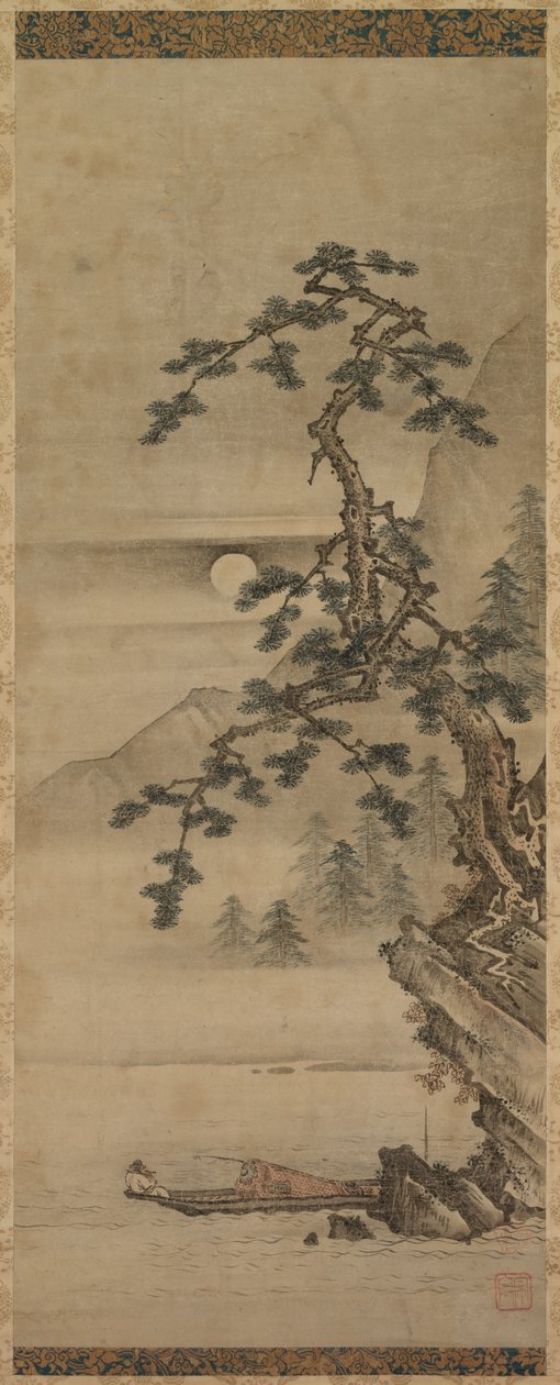 Teknede Yaşlı Adam ile Çam Ağacının Mehtaplı Manzarası, Muromachi dönemi, 1392-1573. by Oguri Sotan