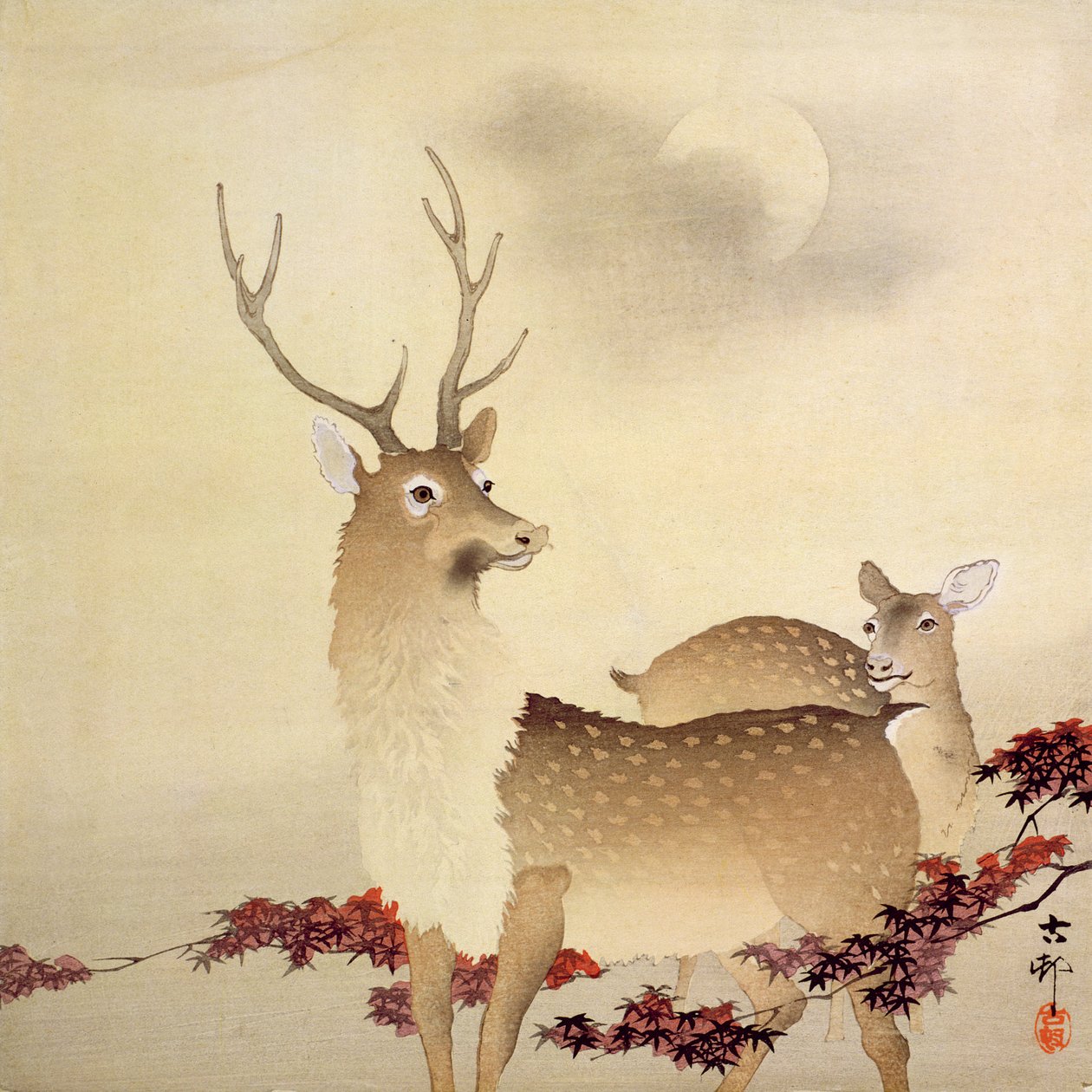 Ayın altında bir geyik ve yavrusu, 1930 dolayları (renkli tahta baskı) by Ohara Koson