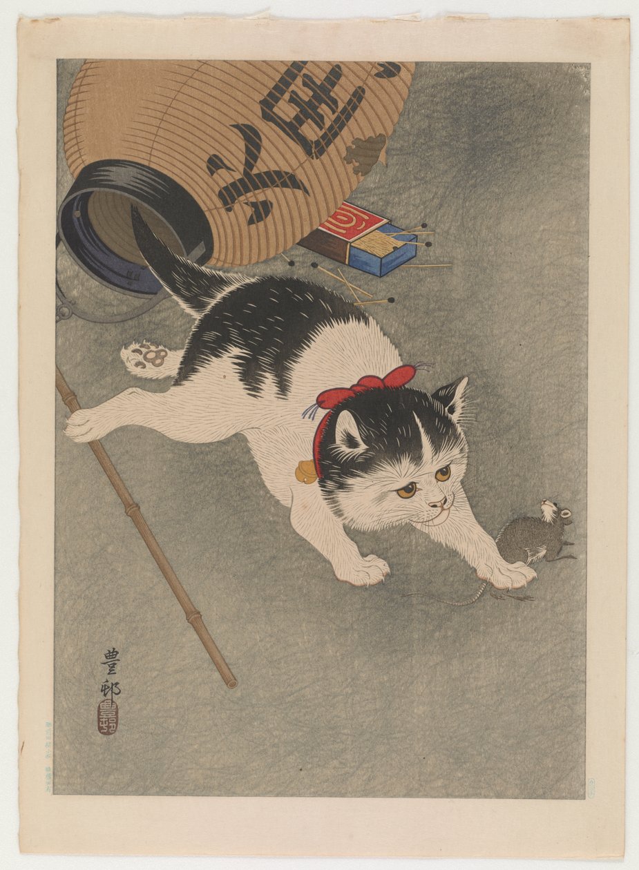 Kedi ve fare, c.1930 (renkli tahta baskı) by Ohara Koson