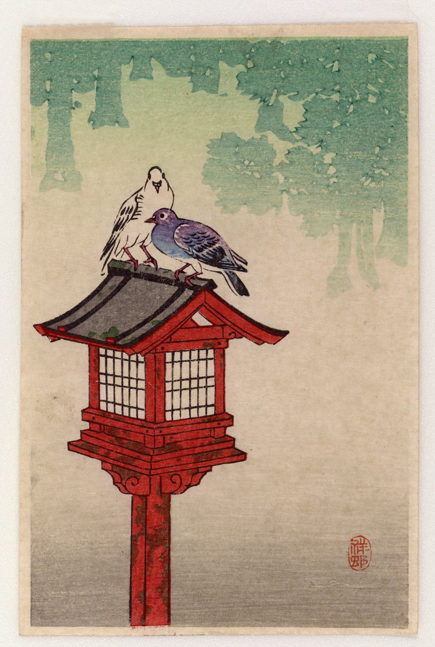 Adanmış Fenerdeki Güvercinler (renkli tahta baskı) by Ohara Koson