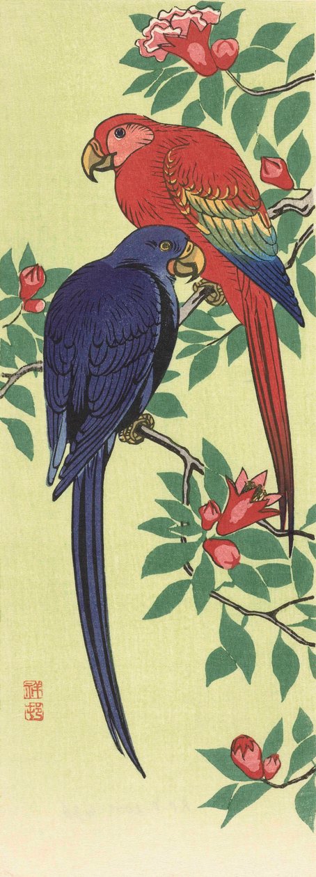 Japon sanatçı Ohara Koson tarafından Kırmızı ve Mavi Papağan by Ohara Koson