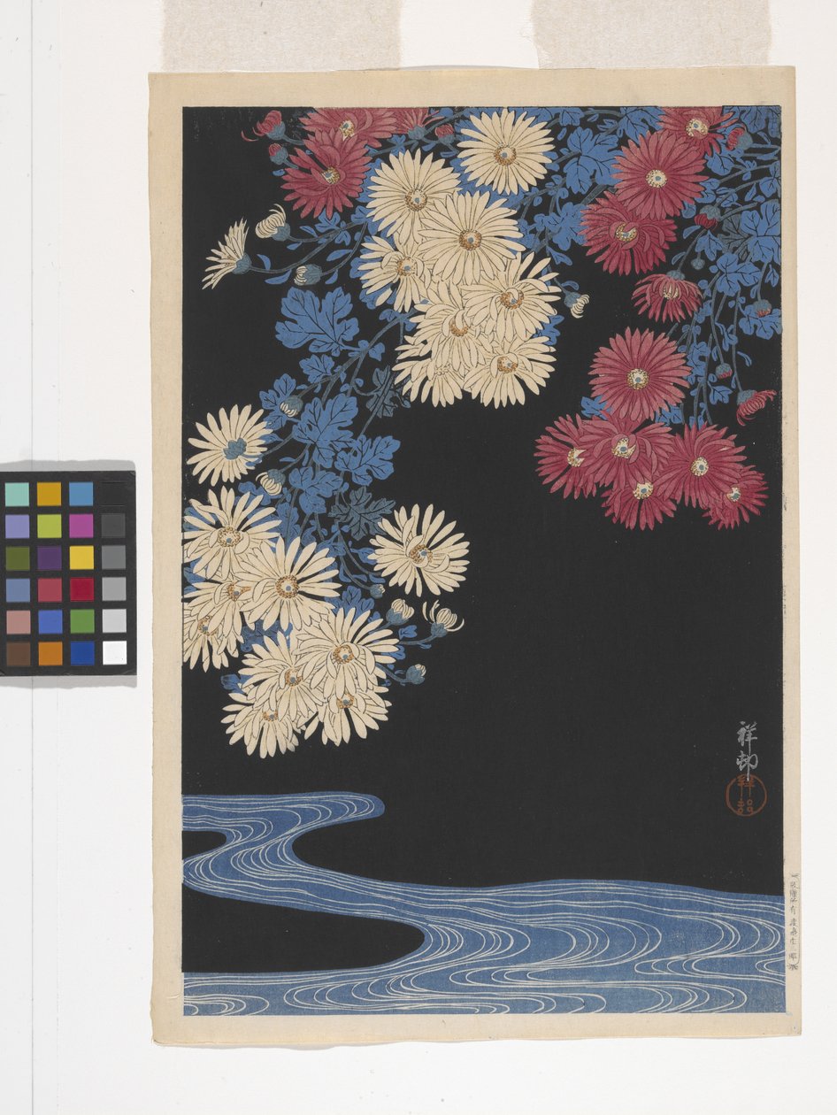 Krizantemler ve Dere (renkli tahta baskı) by Ohara Koson