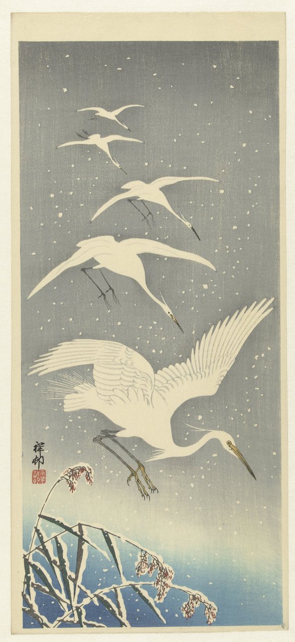 Karda azalan ak balıkçıllar by Ohara Koson