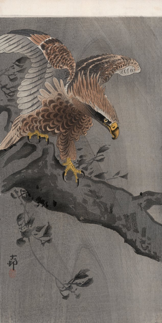 Ağaç Gövdesinde Kanatlı Kartal (renkli tahta baskı) by Ohara Koson