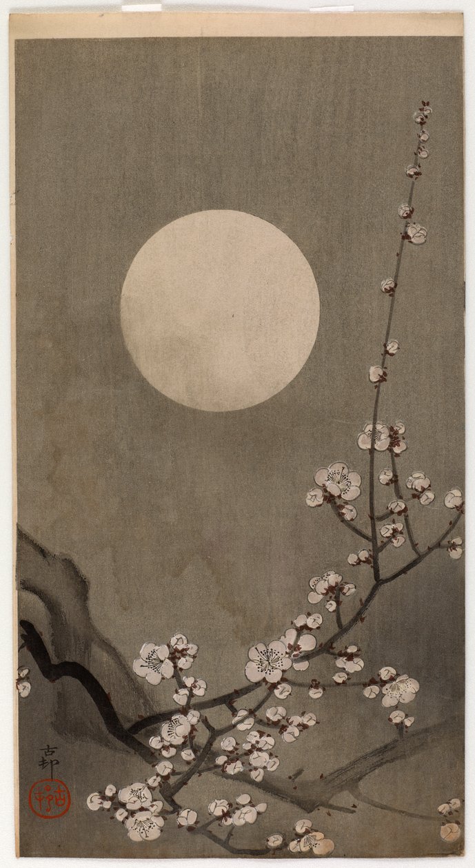 Çiçekli erik ve ay (renkli tahta baskı) by Ohara Koson