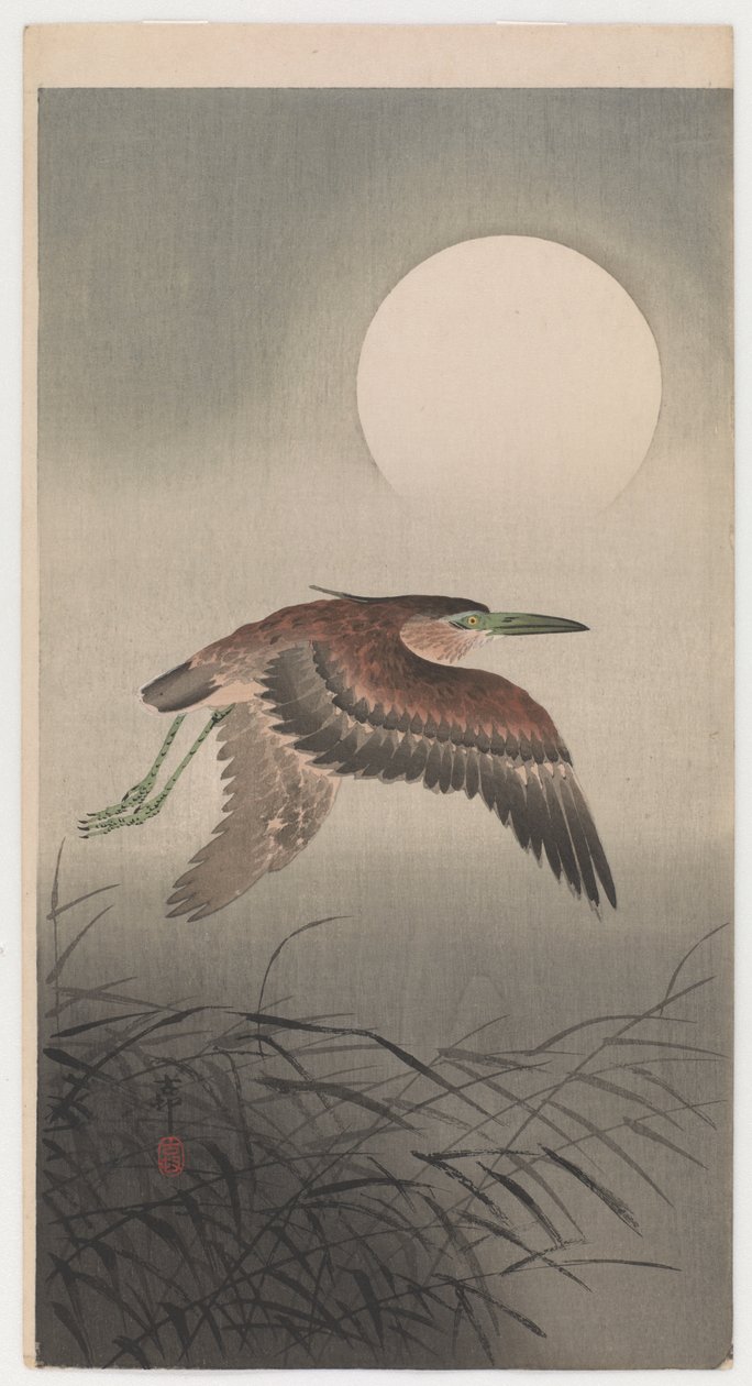 Uçan Balıkçıl ve Dolunay (renkli tahta baskı) by Ohara Koson