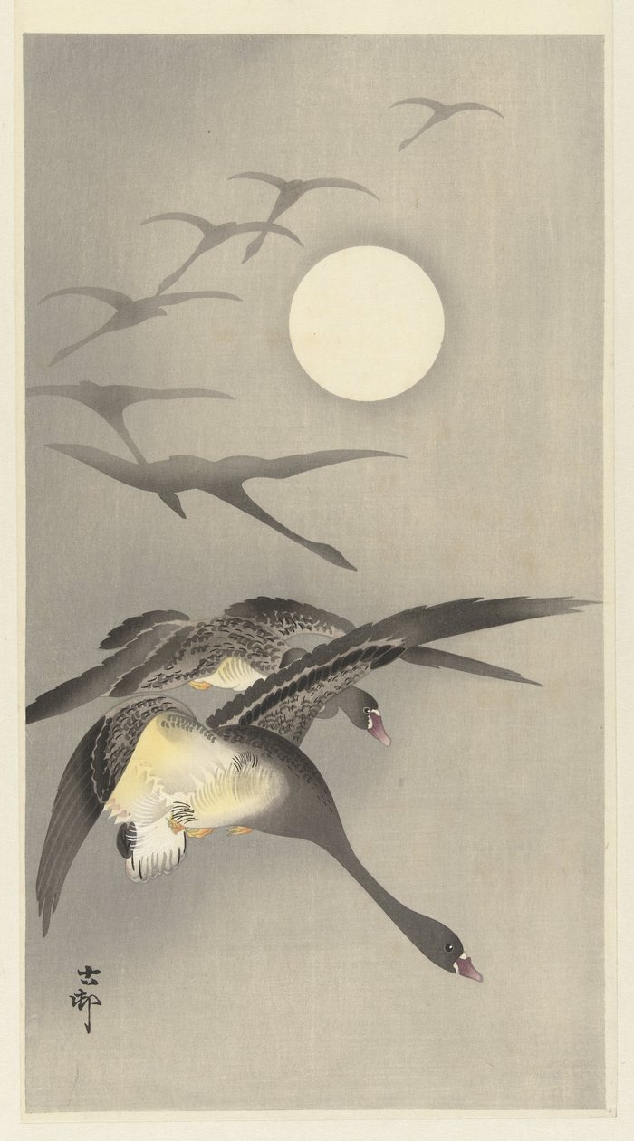 Dolunayda kazlar by Ohara Koson