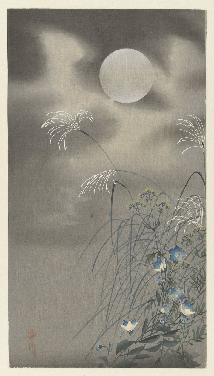 Dolunayda çimenler ve çiçekler by Ohara Koson