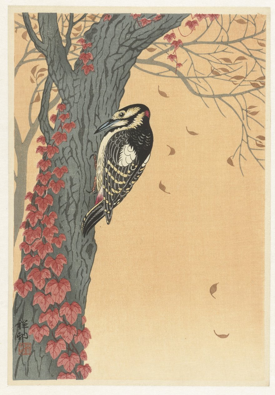 Kırmızı sarmaşık ile ağaçta büyük benekli ağaçkakan by Ohara Koson