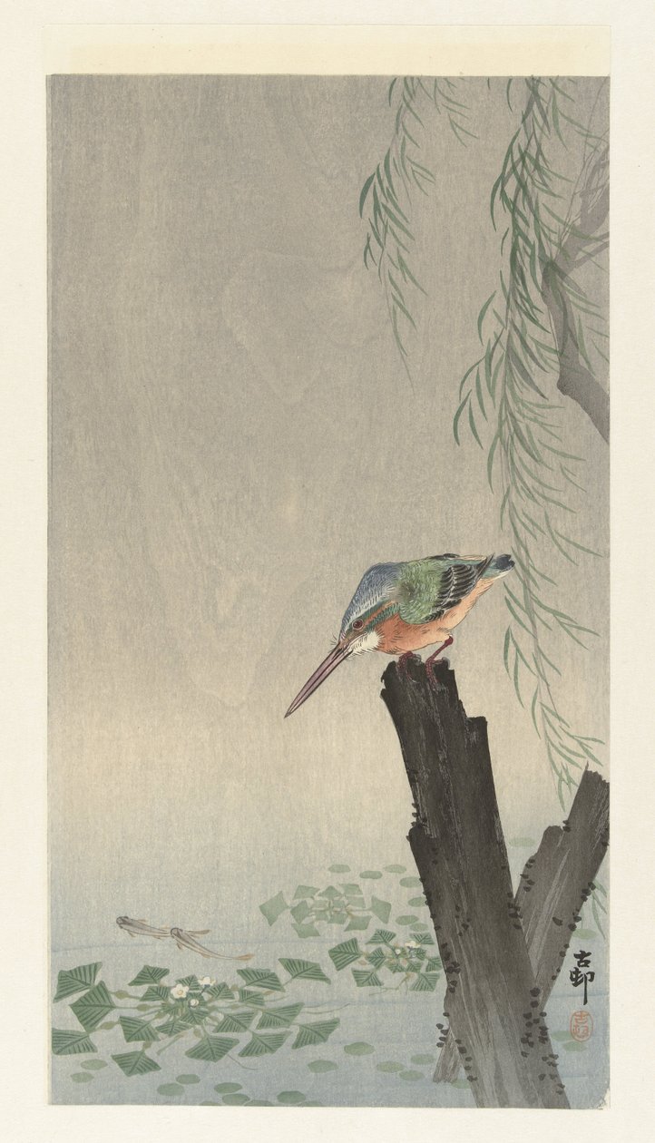 Bir ağaç kütüğü üzerinde yalıçapkını by Ohara Koson