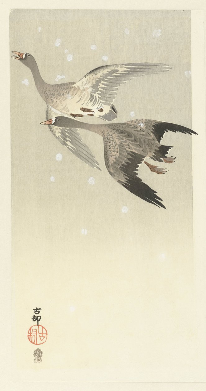 Karda uçan beyaz önlü kazlar by Ohara Koson