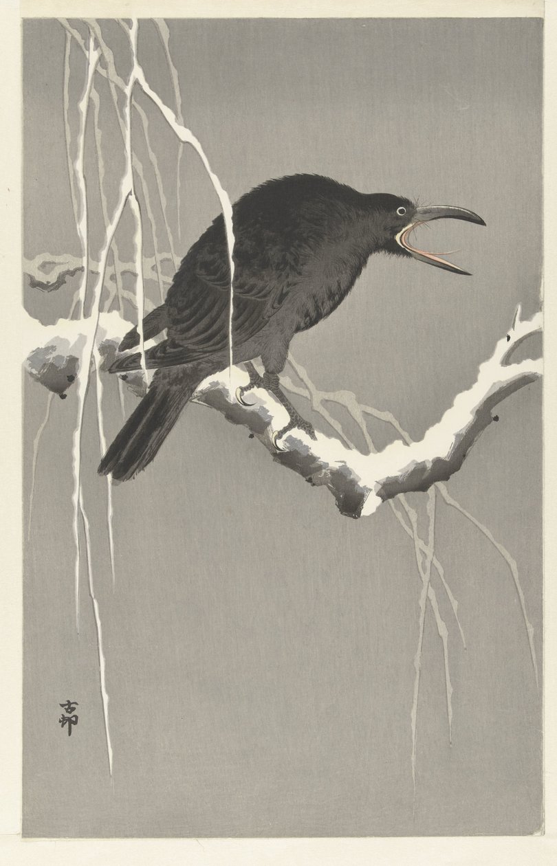 Karlı ağaç dalı üzerinde karga by Ohara Koson