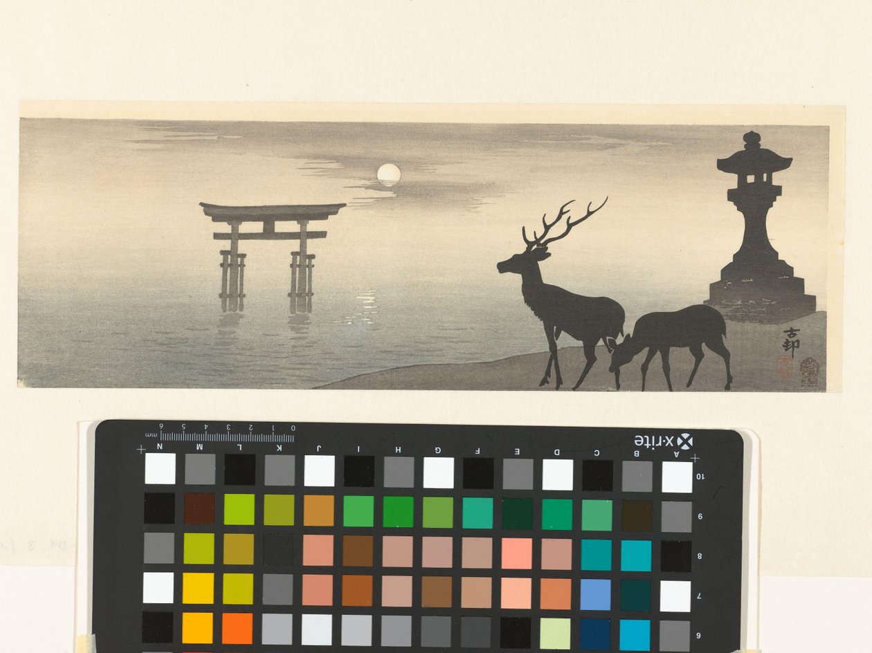 Torii ve geyik ile manzara by Ohara Koson