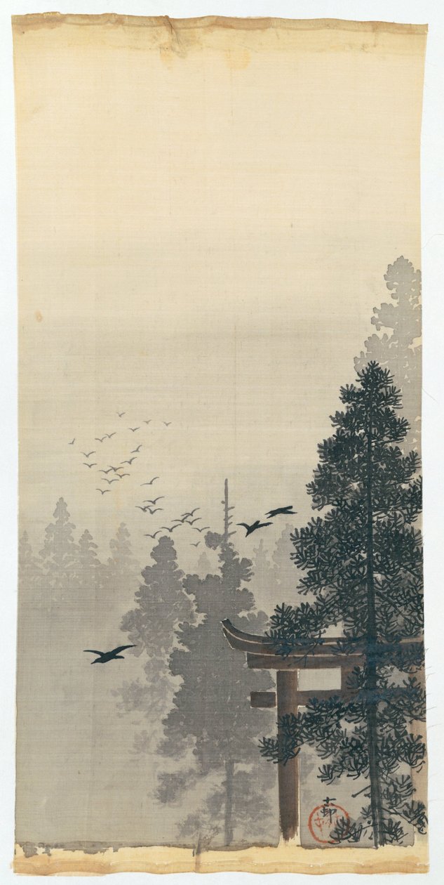Kuşlar ve torii sürüsü ile manzara by Ohara Koson