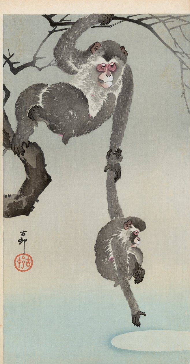 Maymun ve bebek ayın yansımasına uzanıyor by Ohara Koson