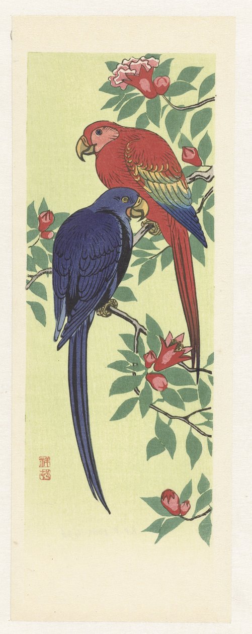 kırmızı ve mavi papağan by Ohara Koson