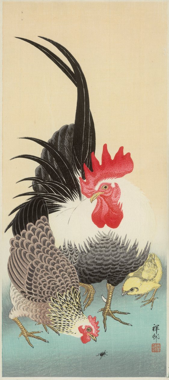 Karıncalı horoz, tavuk ve civciv (renkli tahta baskı) by Ohara Koson