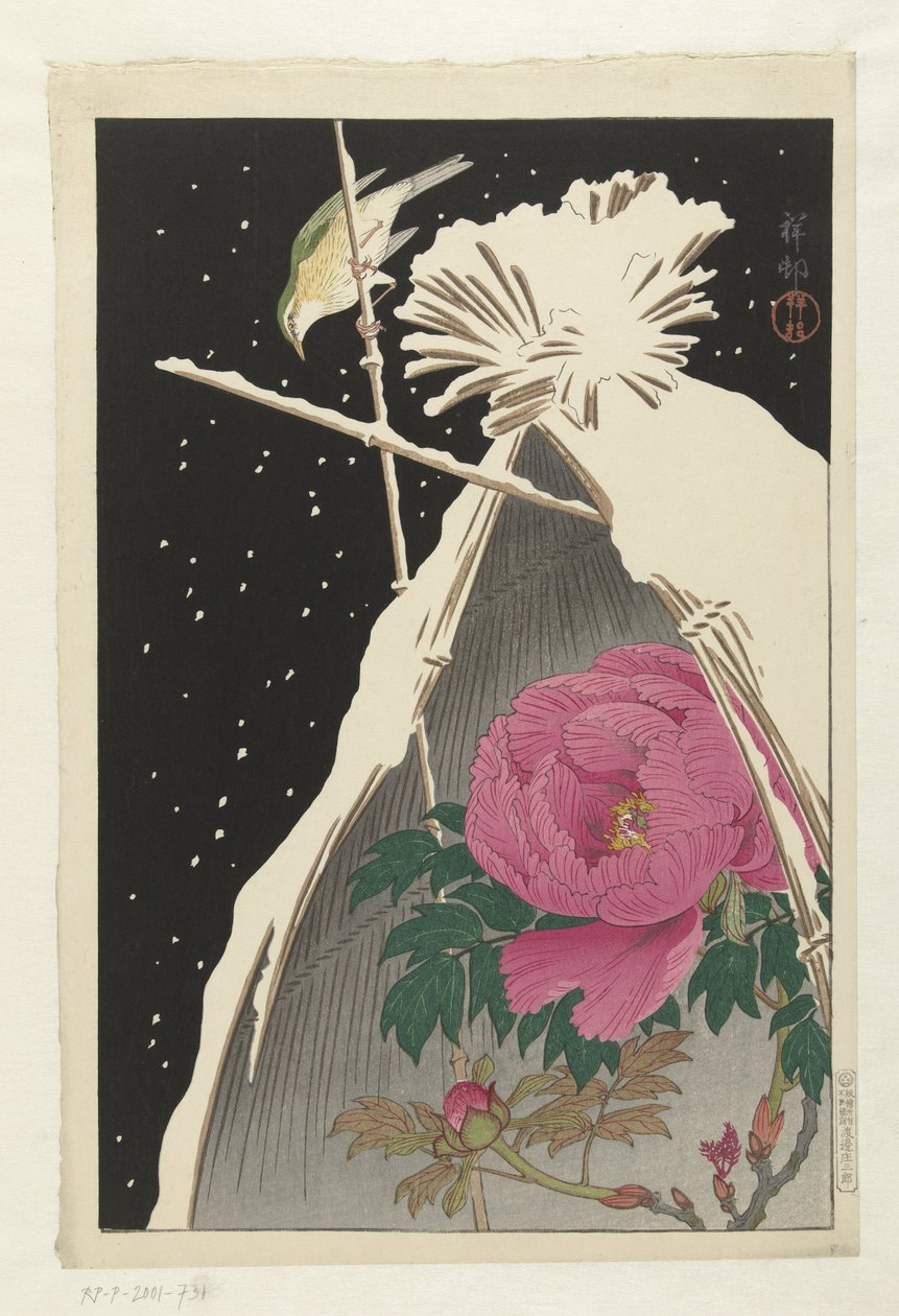 Snowcovered Saman Demet tarafından korunan bir Şakayık yanında Sibirya Bluechat by Ohara Koson