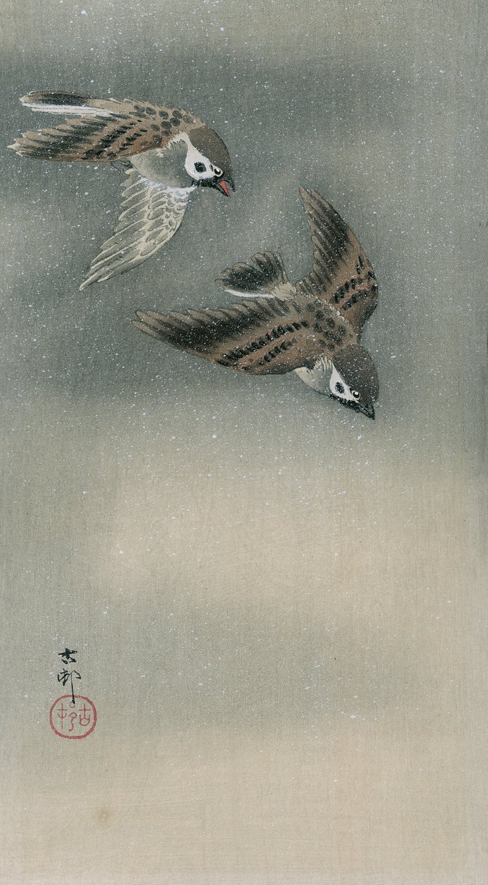 Uçan serçeler (renkli tahta baskı) by Ohara Koson