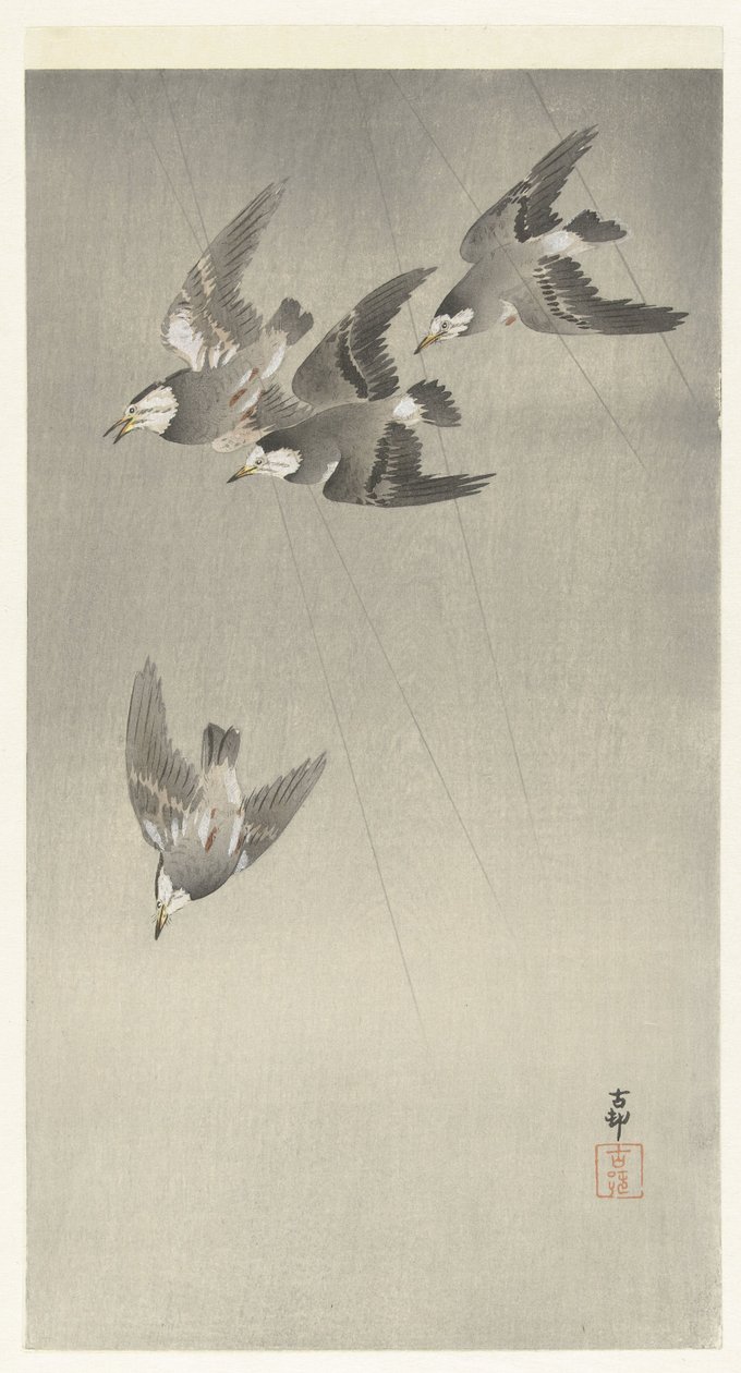 yağmurda starling by Ohara Koson