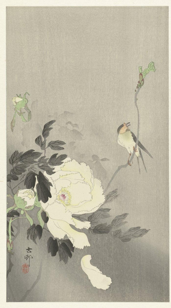 Şakayık ile yutmak by Ohara Koson