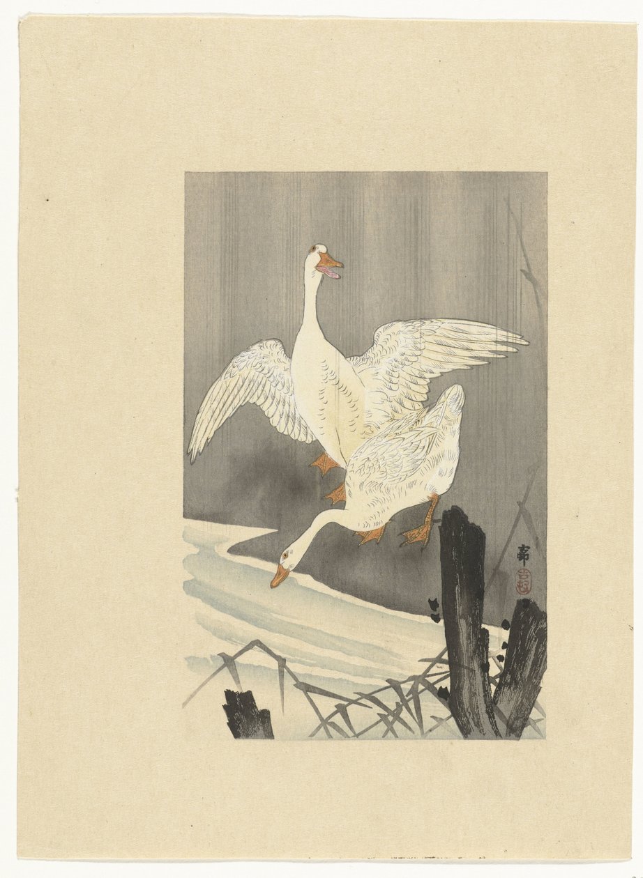 Bir nehir kenarında iki kaz by Ohara Koson