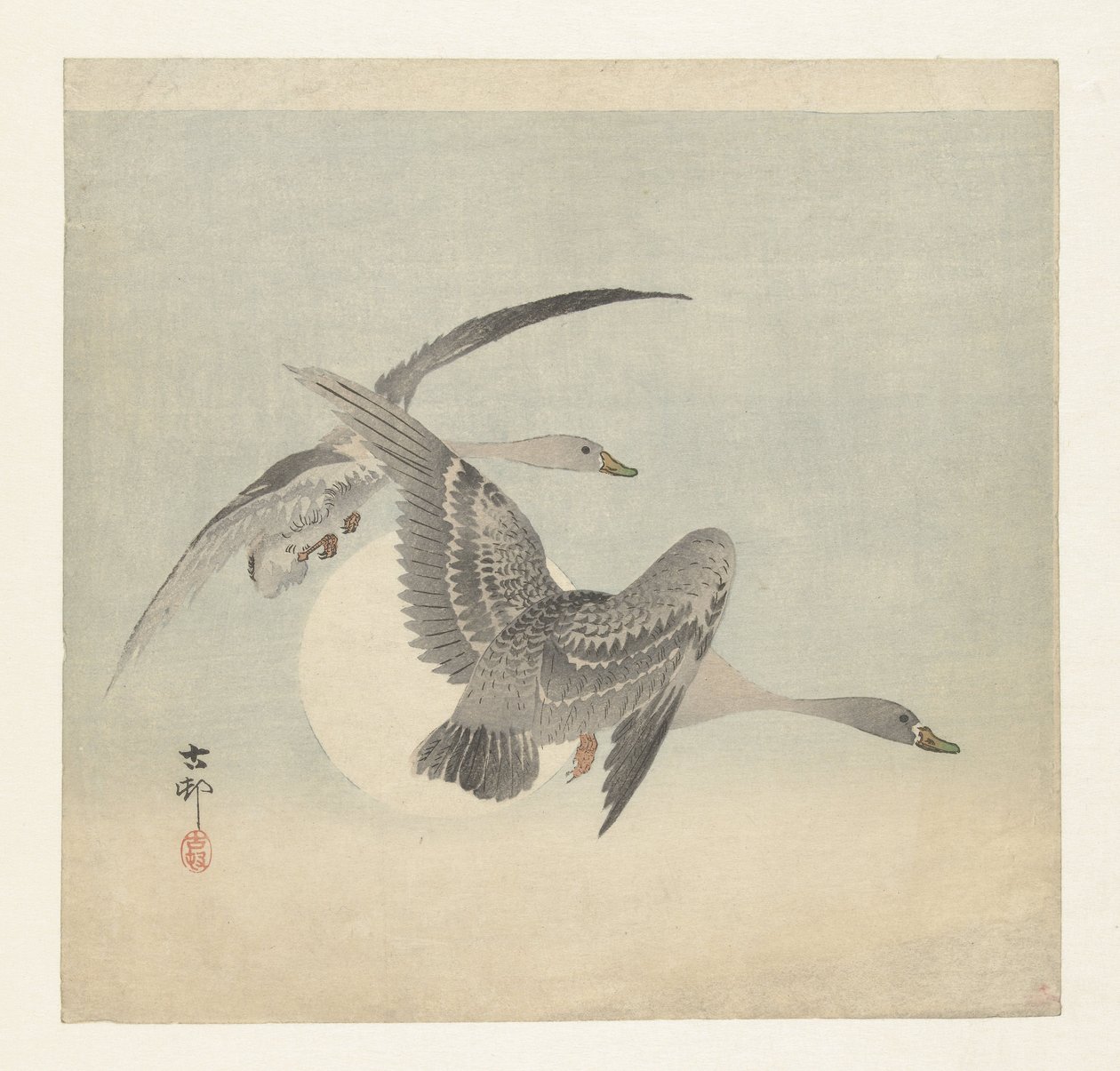 Uçuşta iki beyaz önlü kaz by Ohara Koson