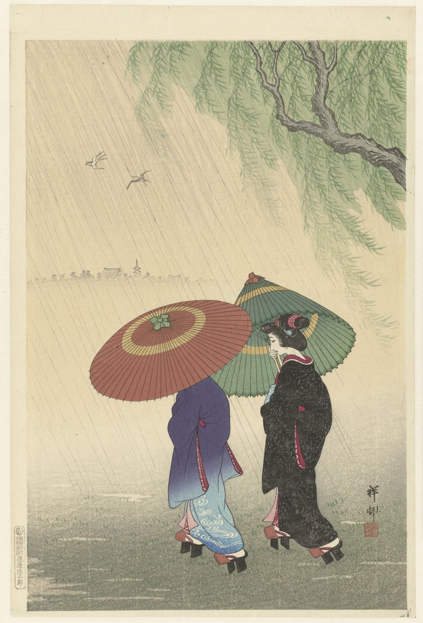 yağmurda iki kadın by Ohara Koson