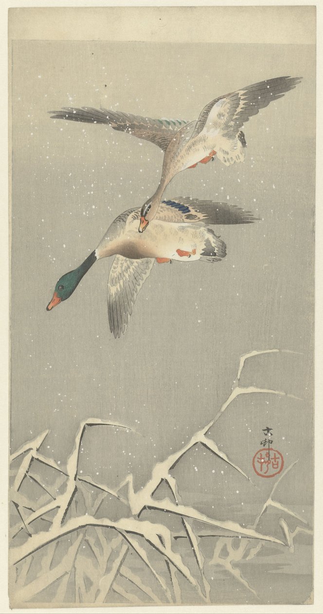 Uçuşta iki yaban ördeği by Ohara Koson