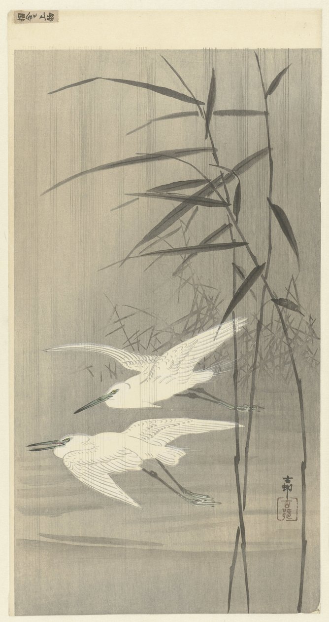 Uçuşta iki ak balıkçıl by Ohara Koson