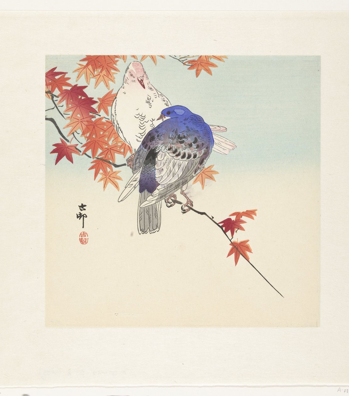 Sonbahar yaprakları ile bir dalda iki güvercin by Ohara Koson