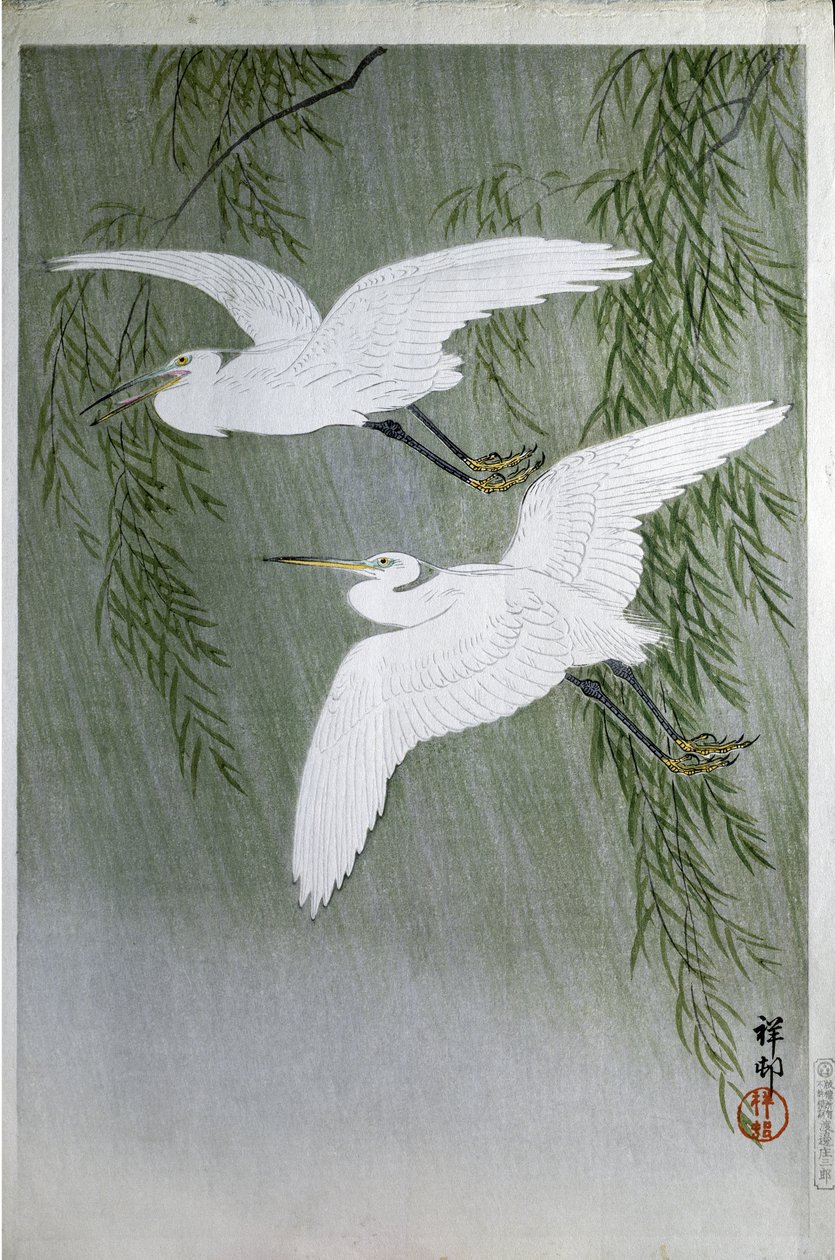 Serbest Uçan iki balıkçıl, 1907 (renkli gravür) by Ohara Koson