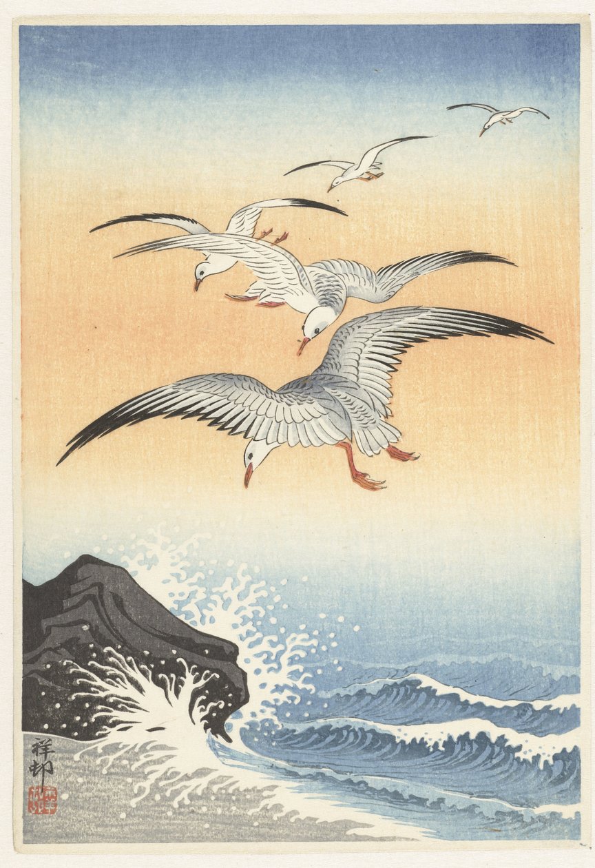 Çalkantılı deniz üzerinde beş martı by Ohara Koson