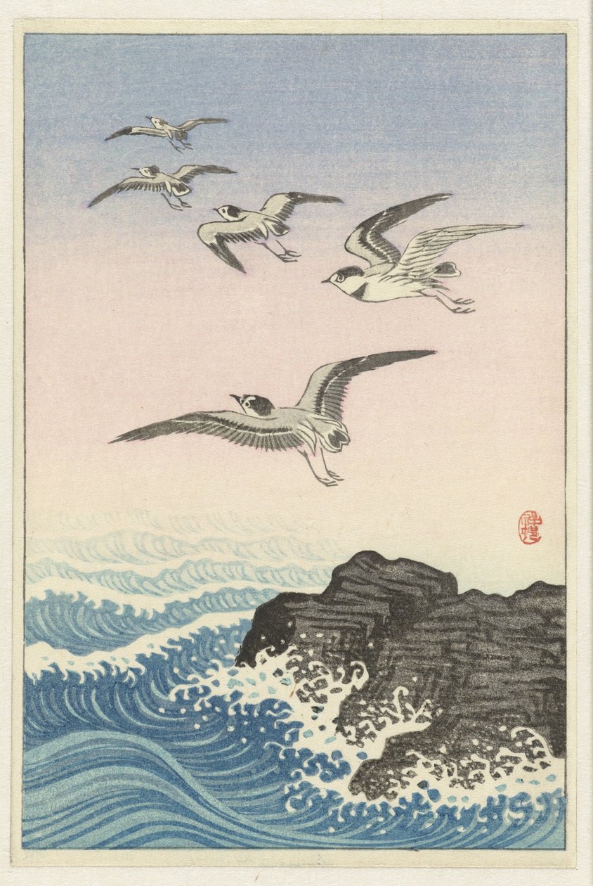 Denizde bir kayanın üzerinde beş martı by Ohara Koson