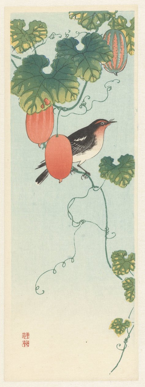 Salatalık bitkisinde ötücü kuş by Ohara Koson