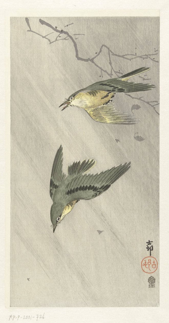 yağmurda ötücü kuşlar by Ohara Koson