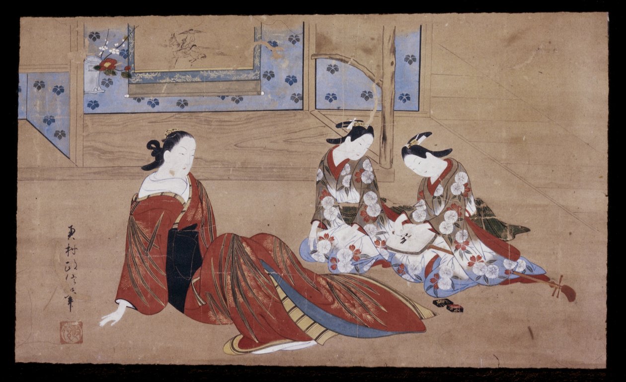Nikuhitsu ukiyo-e: Fahişe ve İki Görevli, c. 1735 (kağıt üzerinde mürekkep, renk ve gofun) by Okumura Masanobu