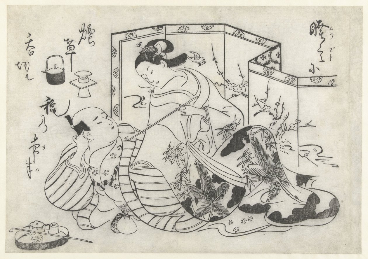 Katlanır paravan önünde sigara içen Japon erkek ve kadın by Okumura Masanobu (attributed to)