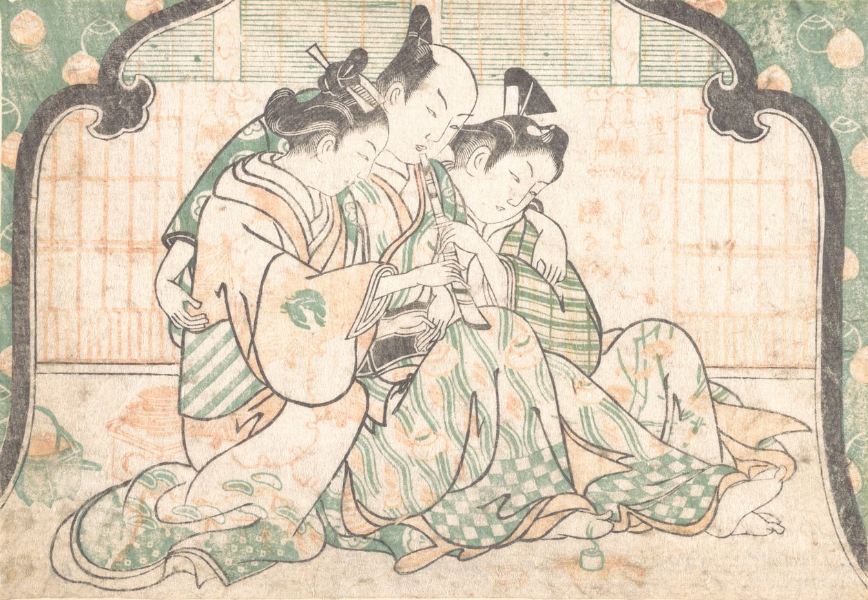 İki Kadın Arasında Oturan Genç Bir Adam, yak. 1749., yaklaşık 1749. by Okumura Masanobu