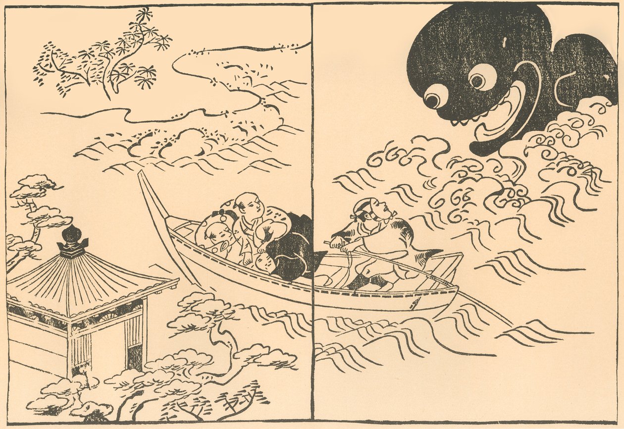 Bir deniz canavarı tarafından tehdit edilen bir teknedeki adamlar, 18. yüzyılın ortaları, 1924. by Okumura Masanobu