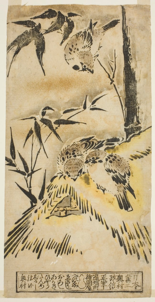 Serçeler, Sazdan Çatı ve Bambu by Okumura Masanobu