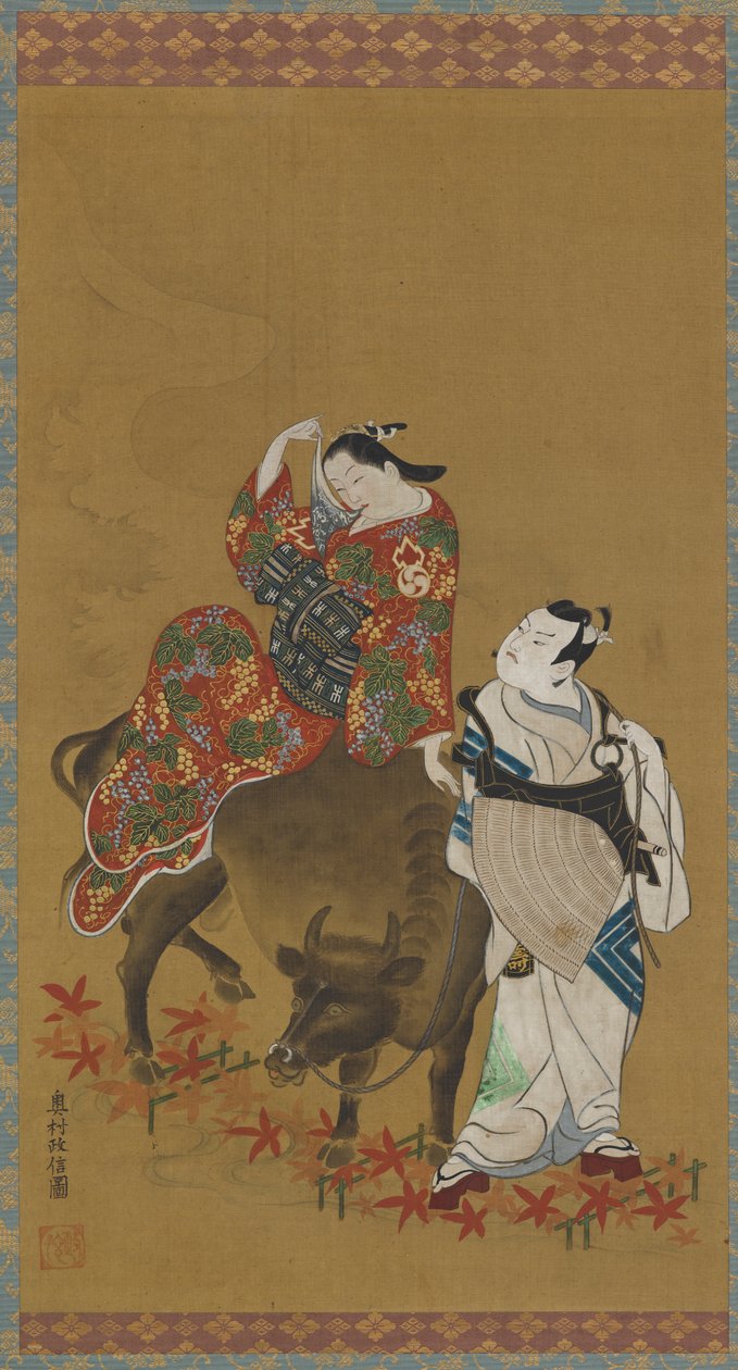 Bir manda üzerinde bir fahişe ve seyahat eden bir rahip rollerinde iki kabuki oyuncusu, 1686-1764. by Okumura Masanobu