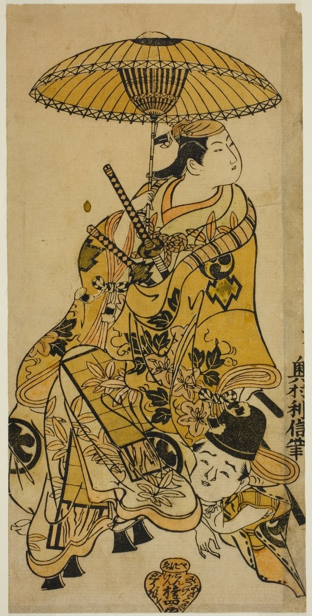 Aktörler Nakamura Takesaburo Shikishi Naishinno olarak ve Tsuruya Nanboku, "Tategami Teika Kazura" oyununda, Ichimura Tiyatrosu'nda on birinci ayda, 1719'da sahnelendi. by Okumura Toshinobu