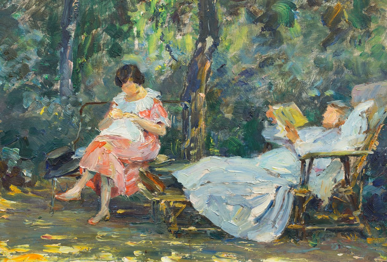 Bahçede kitap okumak ve örgü örmek (panel üzeri yağlıboya) by Olga (1881 1941) Slomszynska