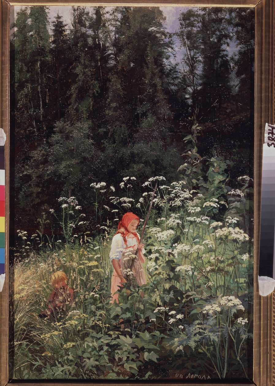 Bir tutam çimenin önündeki kız (Girl at a Tuft of Grass). Olga Antonovna tarafından tablo Lagoda Shishkina (1850-1881), tuval üzerine yağlı boya by Olga Antonova Lagoda Shishkina